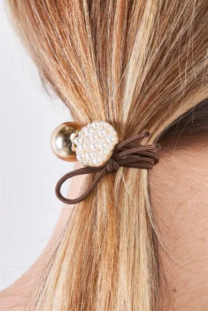 3pcs Brown Elastic Gold Bauble Pearl Hair Tie