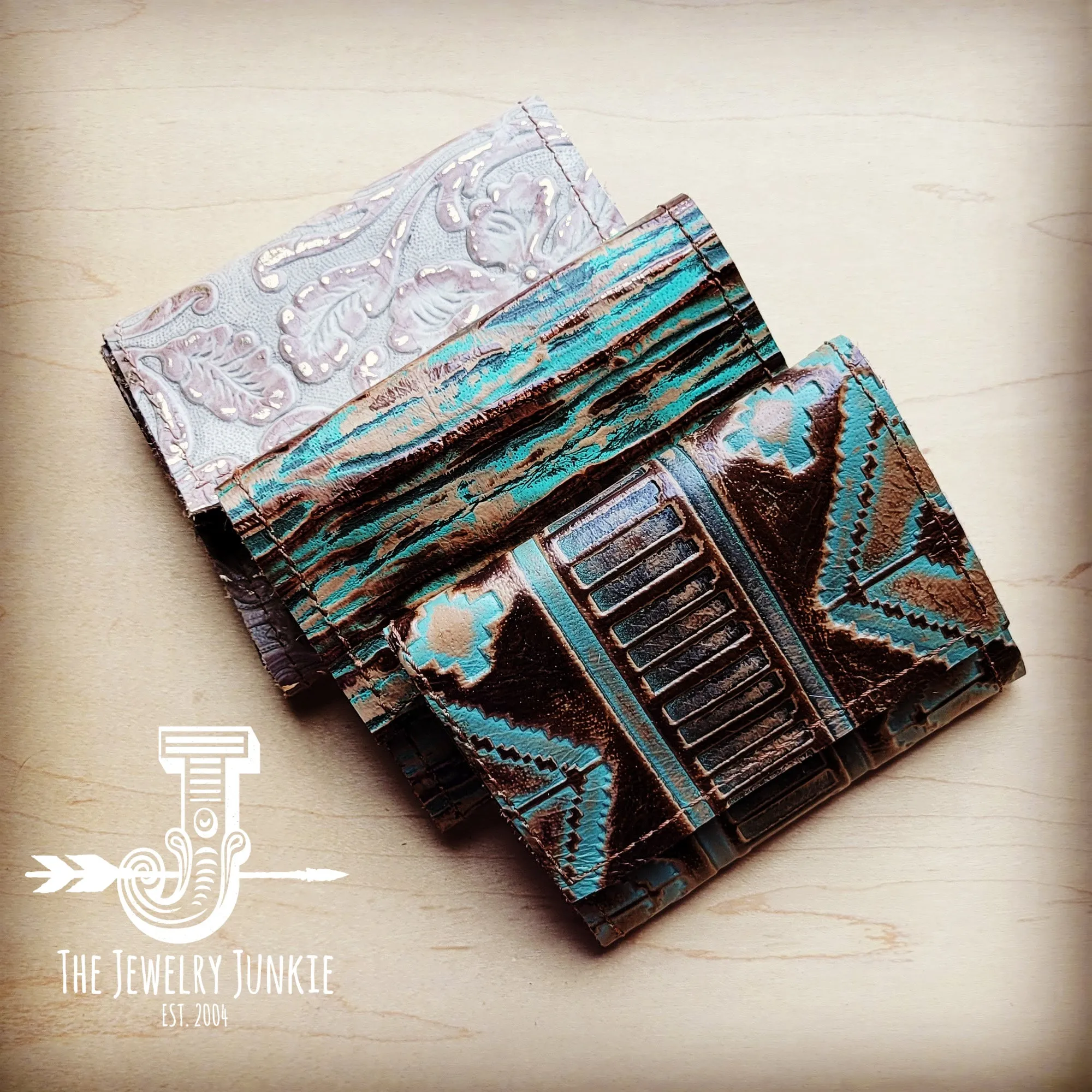 **Arizona Tri-Fold Embossed Leather Wallet-Turquoise Metallic 303r