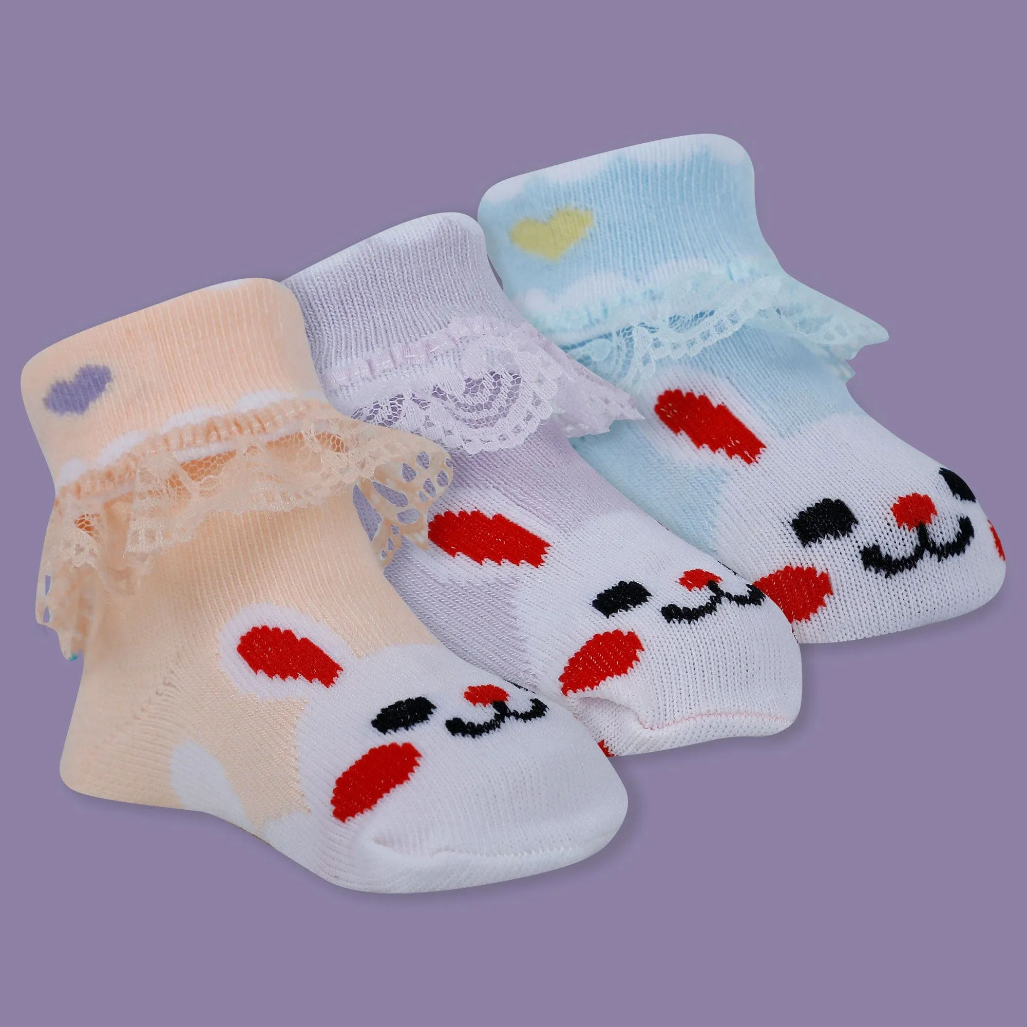 Baby Moo Heart Print Soft Lace Socks Pack of 3 - Peach, Blue