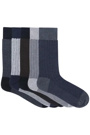 Balenzia Men's Zig Zag Patterned Cotton Crew length socks-  (Pack of 5 Pairs/1U) (Black,Navy,Brown,L.Grey,D.Grey)