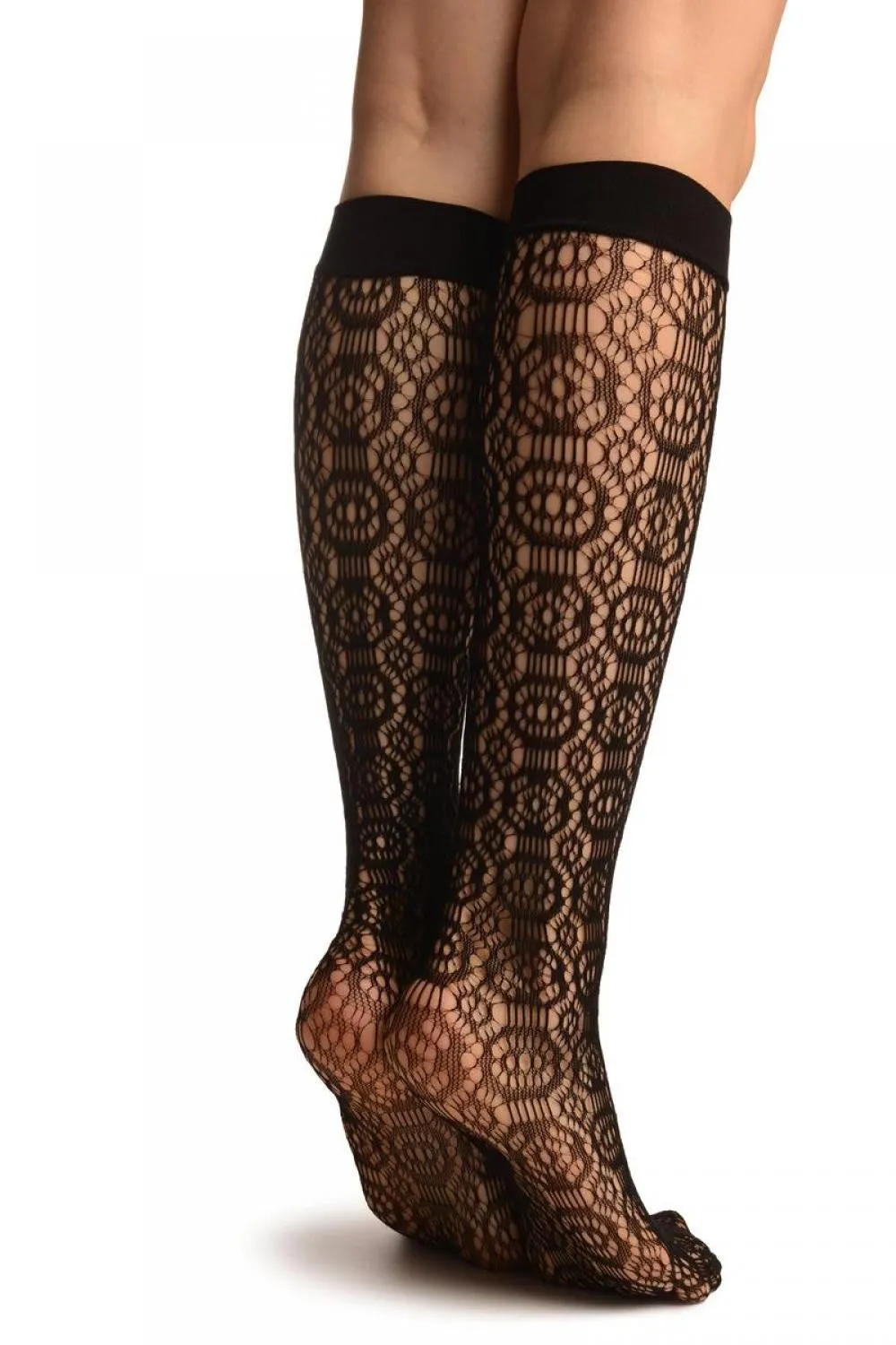 Black Crochet Kaleidoscope Lace Socks Knee High