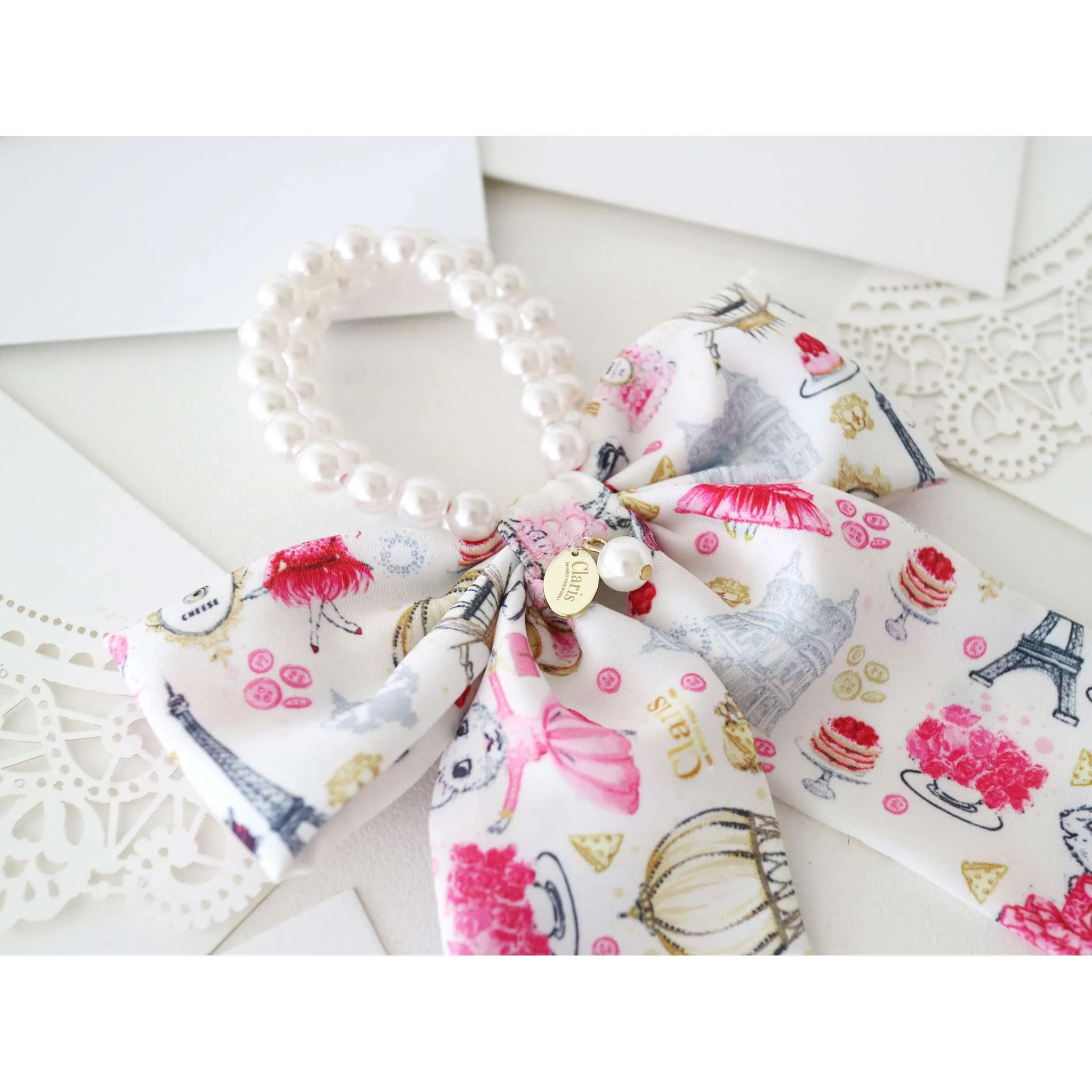 Claris Fashion Print and Pearl Hair Elastic with Bow