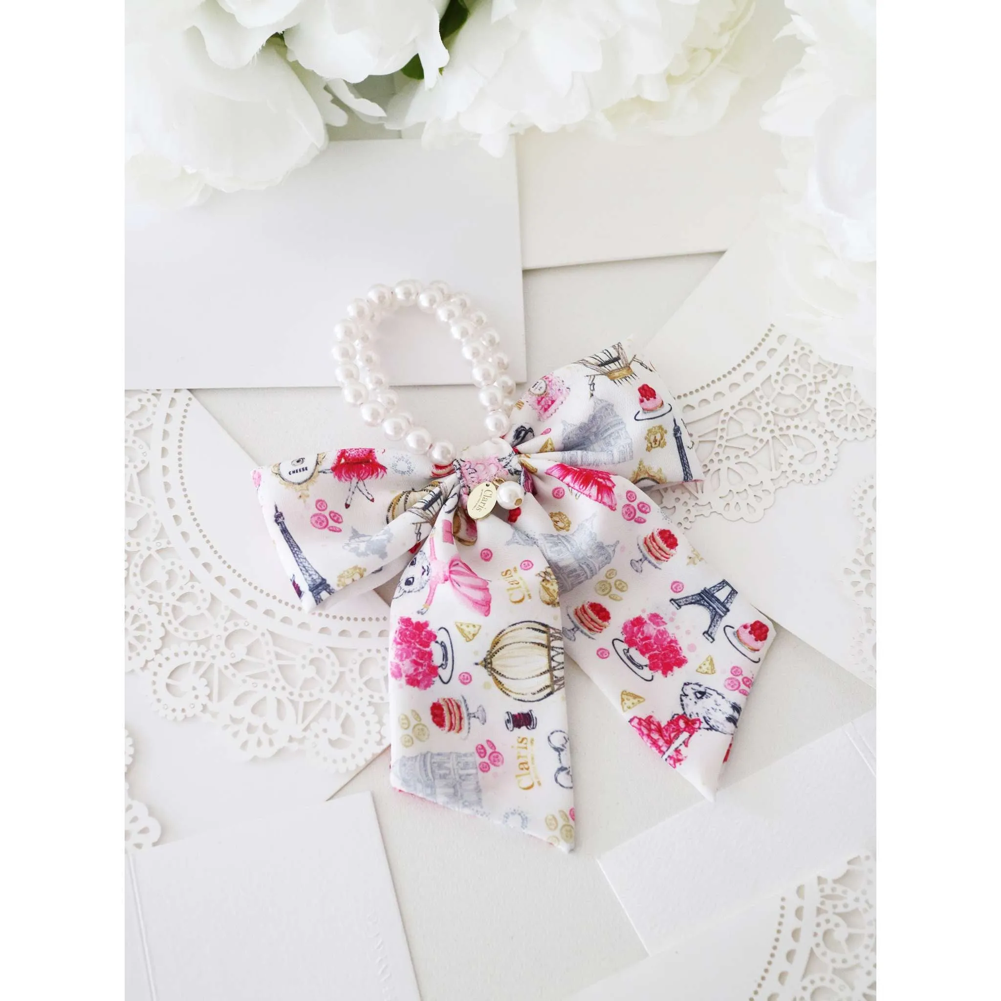 Claris Fashion Print and Pearl Hair Elastic with Bow