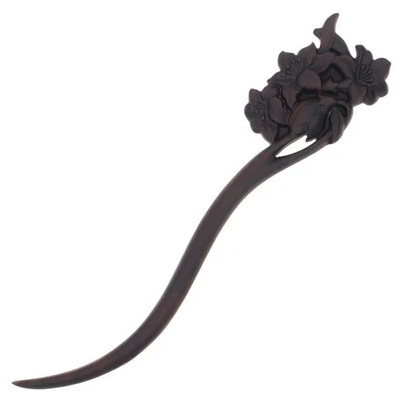 CrystalMood Carved Ebony Wood Flat-Back Daylily Hair Stick