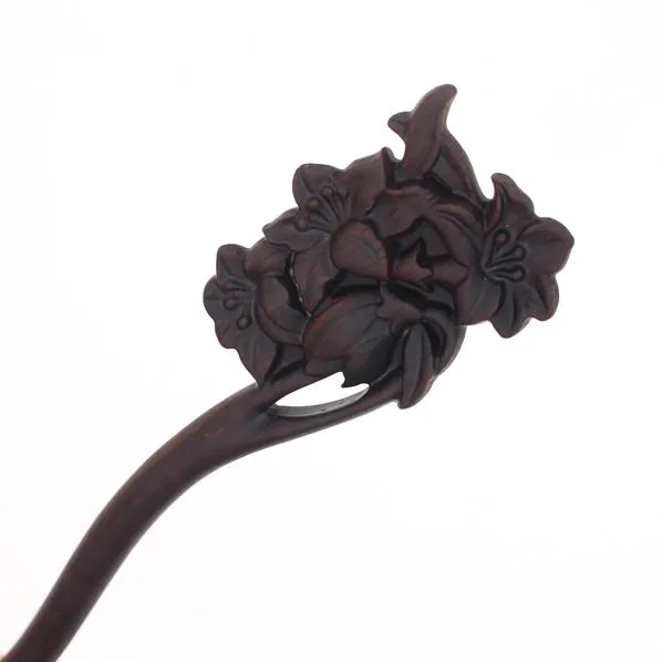 CrystalMood Carved Ebony Wood Flat-Back Daylily Hair Stick