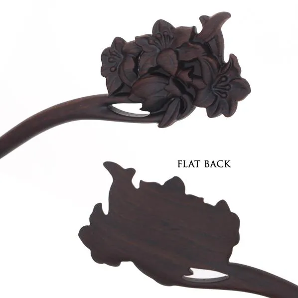 CrystalMood Carved Ebony Wood Flat-Back Daylily Hair Stick