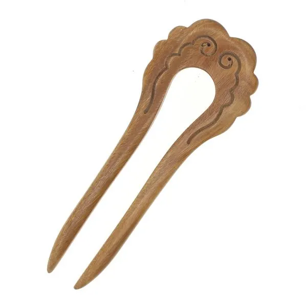 CrystalMood Carved Wood 2-Prong Flat Back Hair Stick Fork Cloud