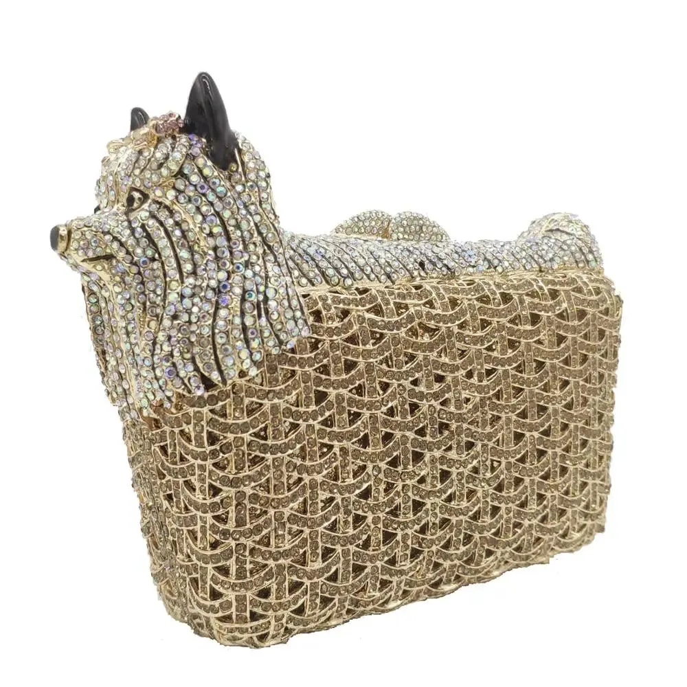 Doggy Puppy Gold Crystal Clutch Evening Bags Party Minaudierer Purses