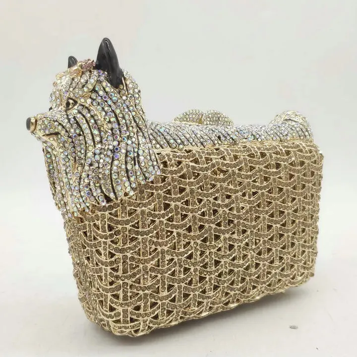 Doggy Puppy Gold Crystal Clutch Evening Bags Party Minaudierer Purses