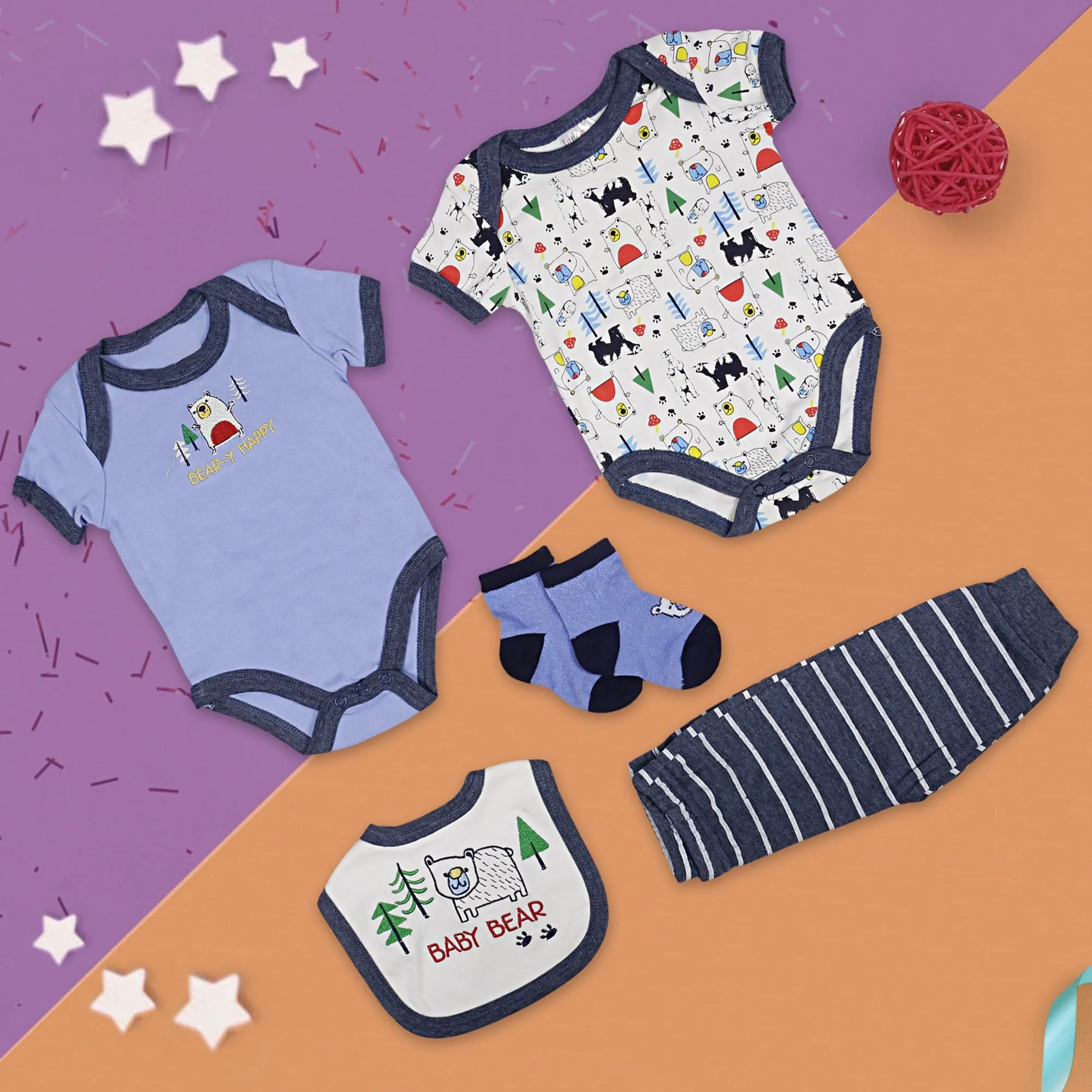 Gift Set Set Of 5 Bib Body Suits Pant And Socks Bear Blue