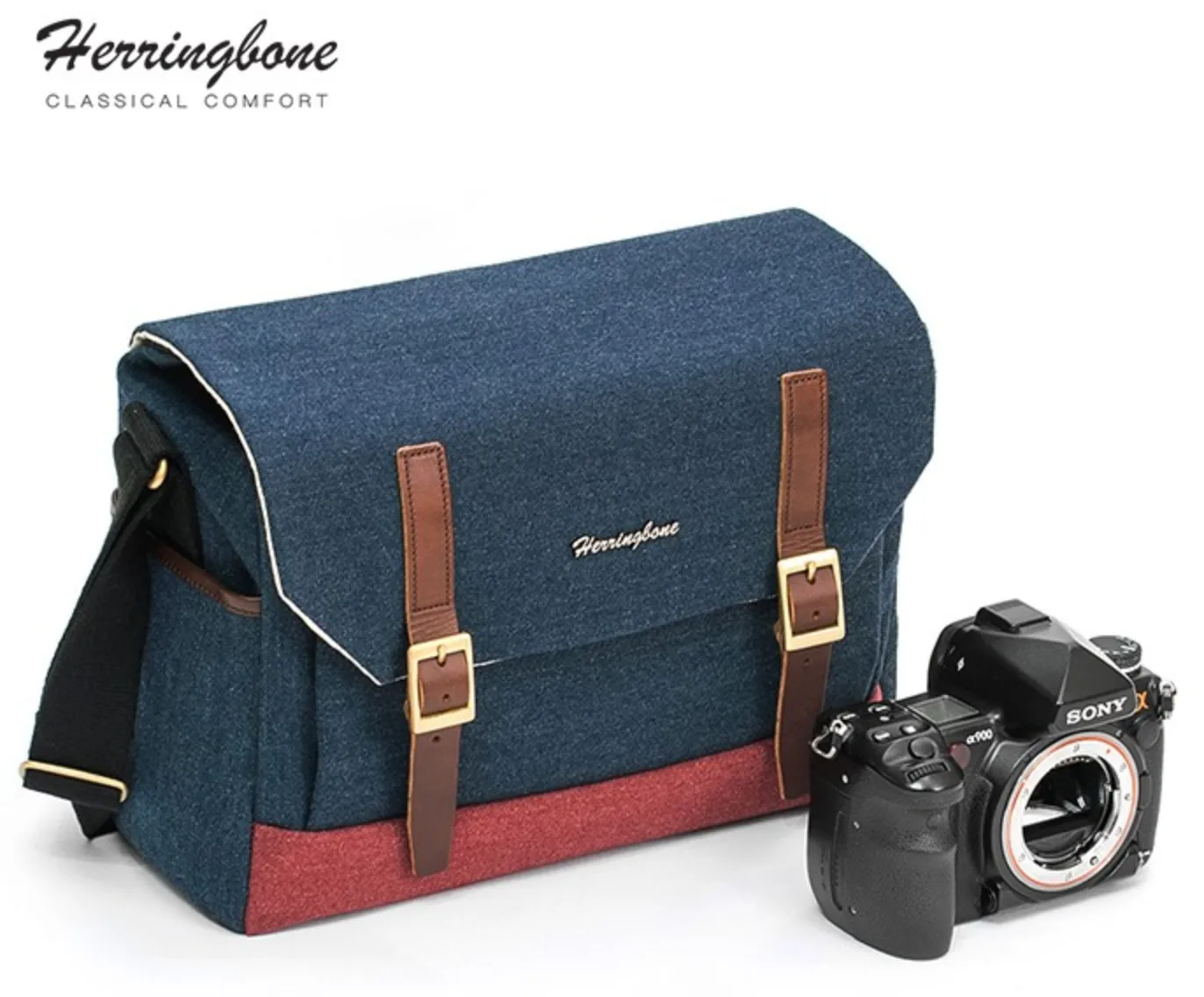 Herringbone Postman Messenger Camera Bag - Medium Navy Blue