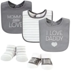 Hudson Baby Cotton Bib and Sock Set, I Love Grey