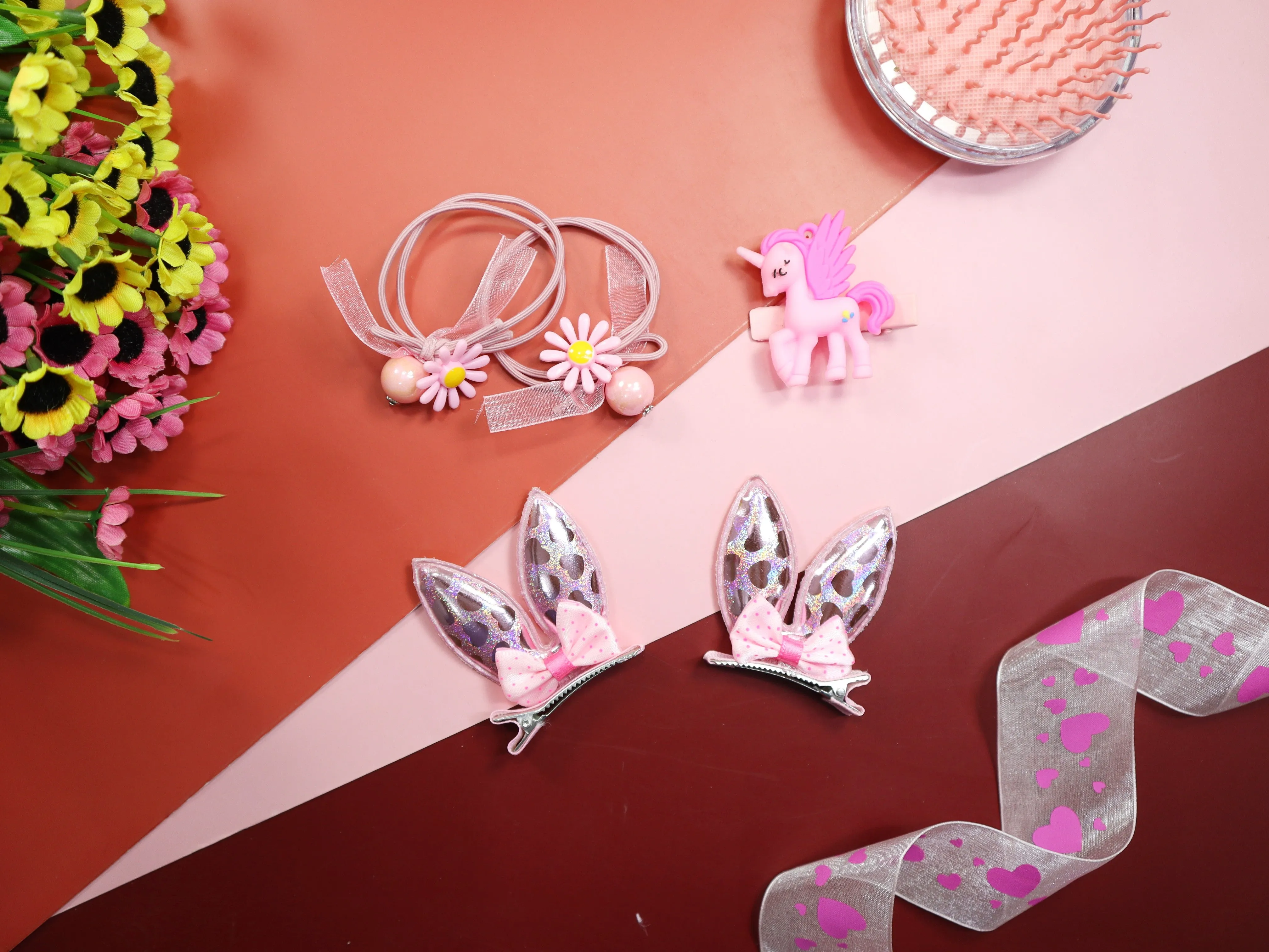 Kamule Party Theme Hair clip and Rubber Band Set of 5-  Pink