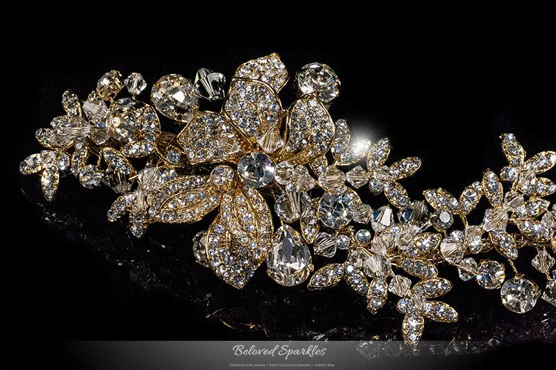 Lizabeth Long Floral Cluster Gold Hair Clip | Swarovski Crystal