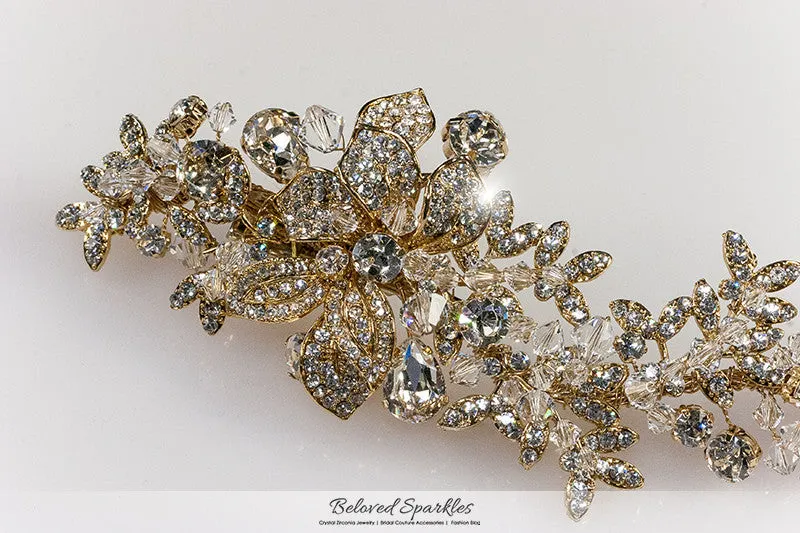 Lizabeth Long Floral Cluster Gold Hair Clip | Swarovski Crystal