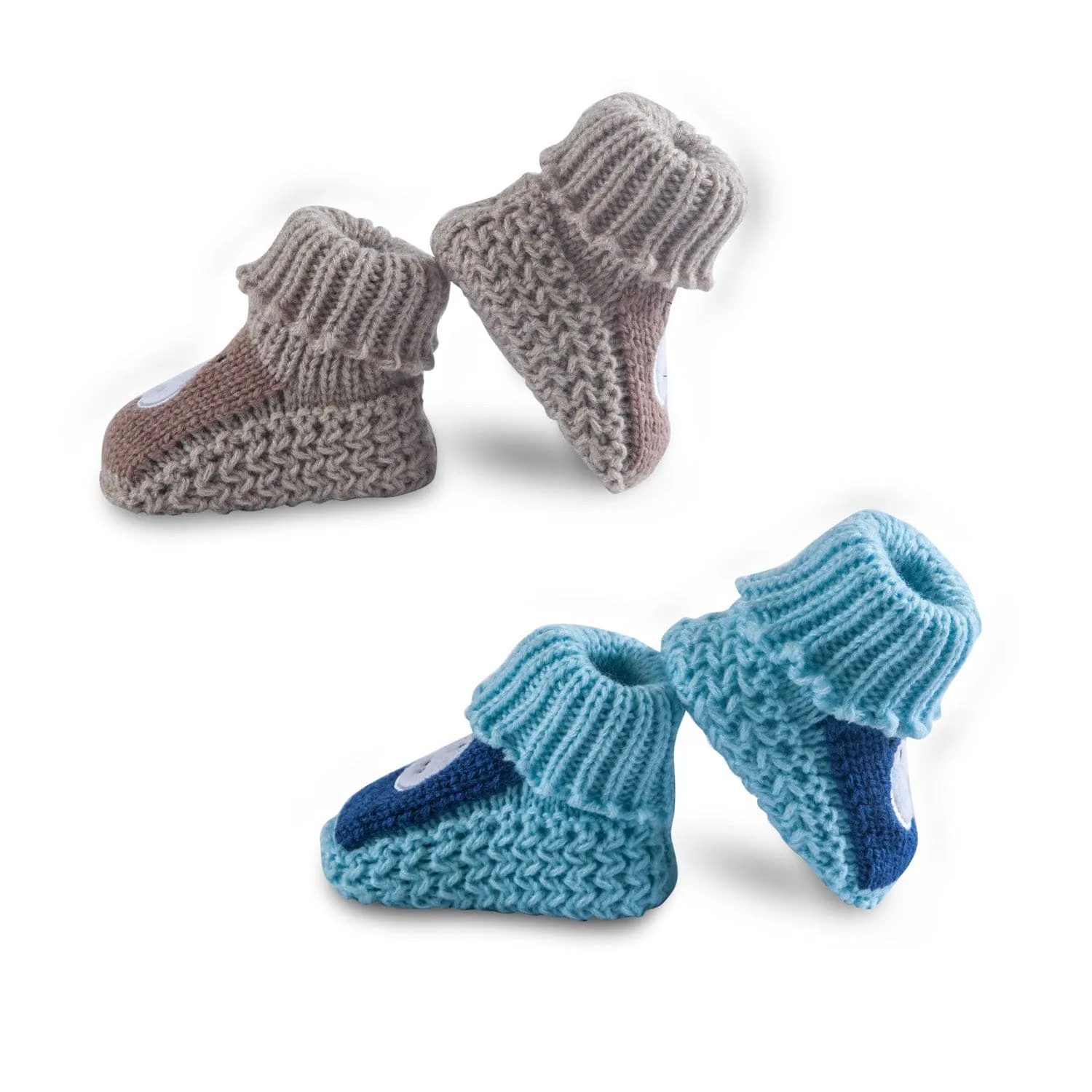 Newborn Crochet Woollen Booties Teddy - Blue, Beige