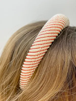 Pearl & Rhinestone Striped Padded Headband - Red