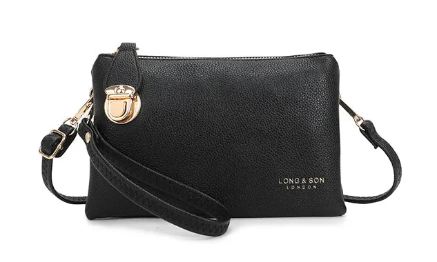 SMALL MULTI-POCKET CROSS BODY CLUTCH BAG WITH WRISTLET - BLACK