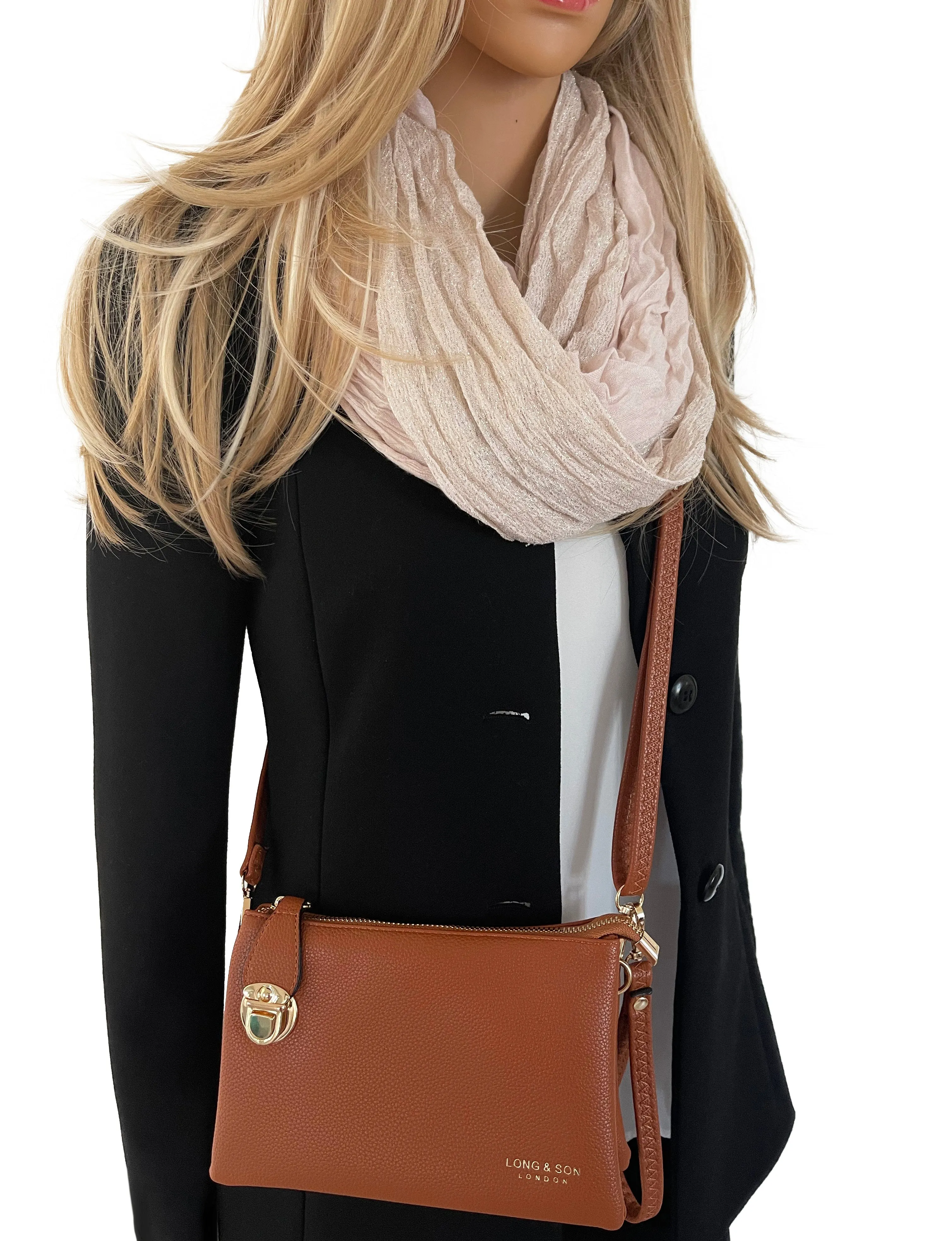 SMALL MULTI-POCKET CROSS BODY CLUTCH BAG WITH WRISTLET - TAN