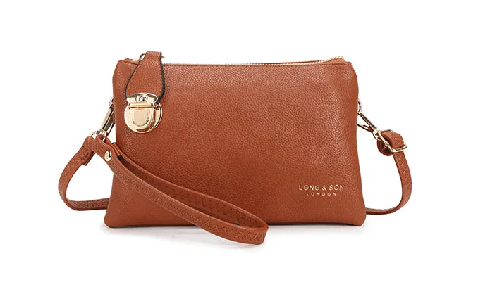 SMALL MULTI-POCKET CROSS BODY CLUTCH BAG WITH WRISTLET - TAN