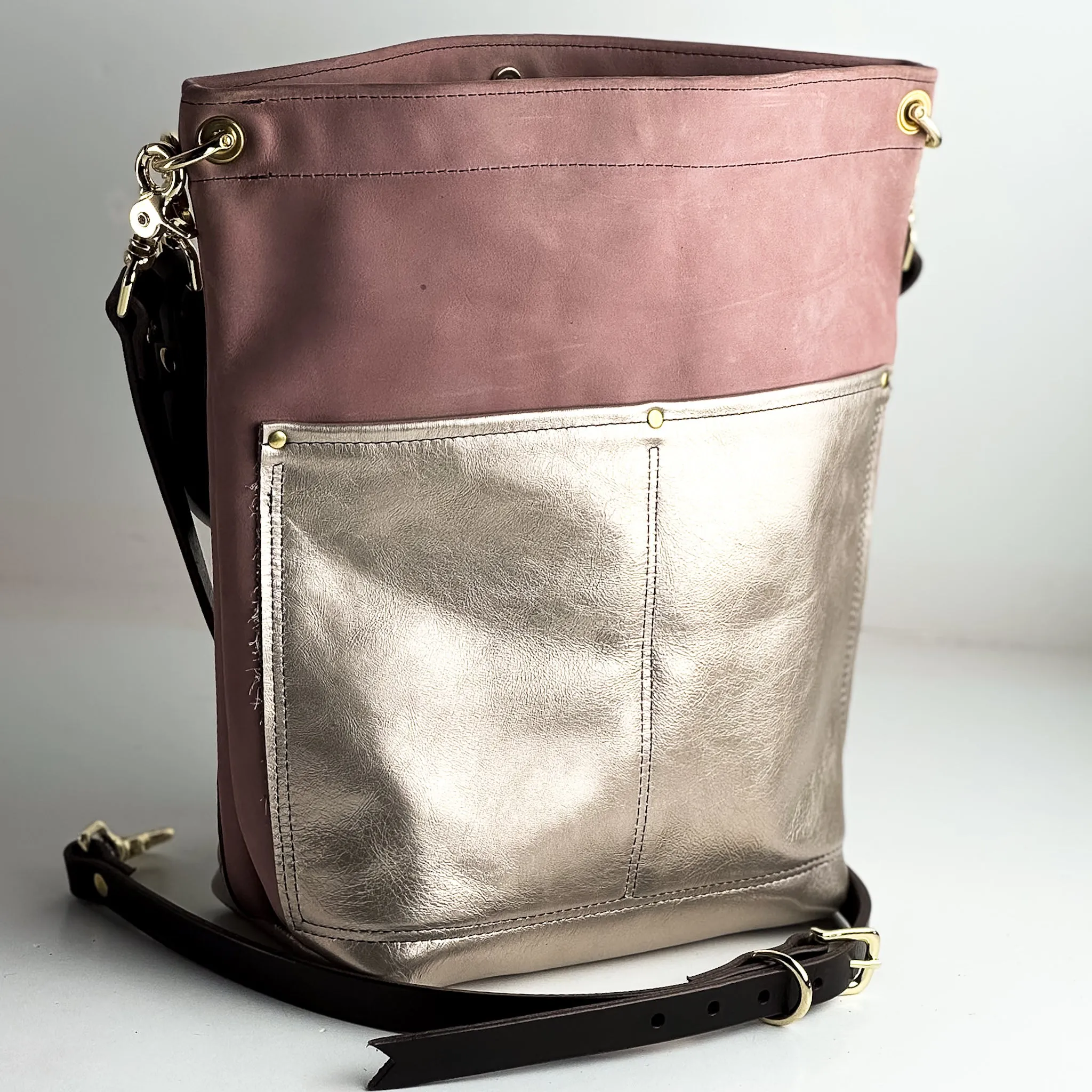 Urban Edge Collection | Train Shoulder Tote   Crossbody | Distressed Pink Jade   Champagne Steel