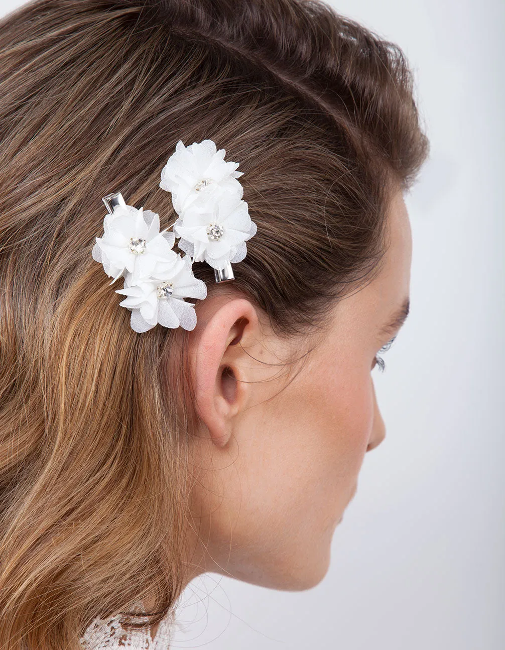 White Mini Fabric Flower Clip Pack