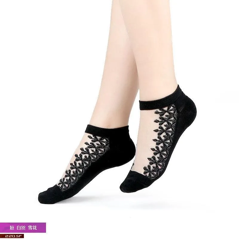 Women Mixed Fibre Crystal Silk Lace Mesh Fishnet Transparent Stretch Socks