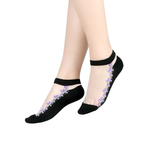 Women Mixed Fibre Crystal Silk Lace Mesh Fishnet Transparent Stretch Socks